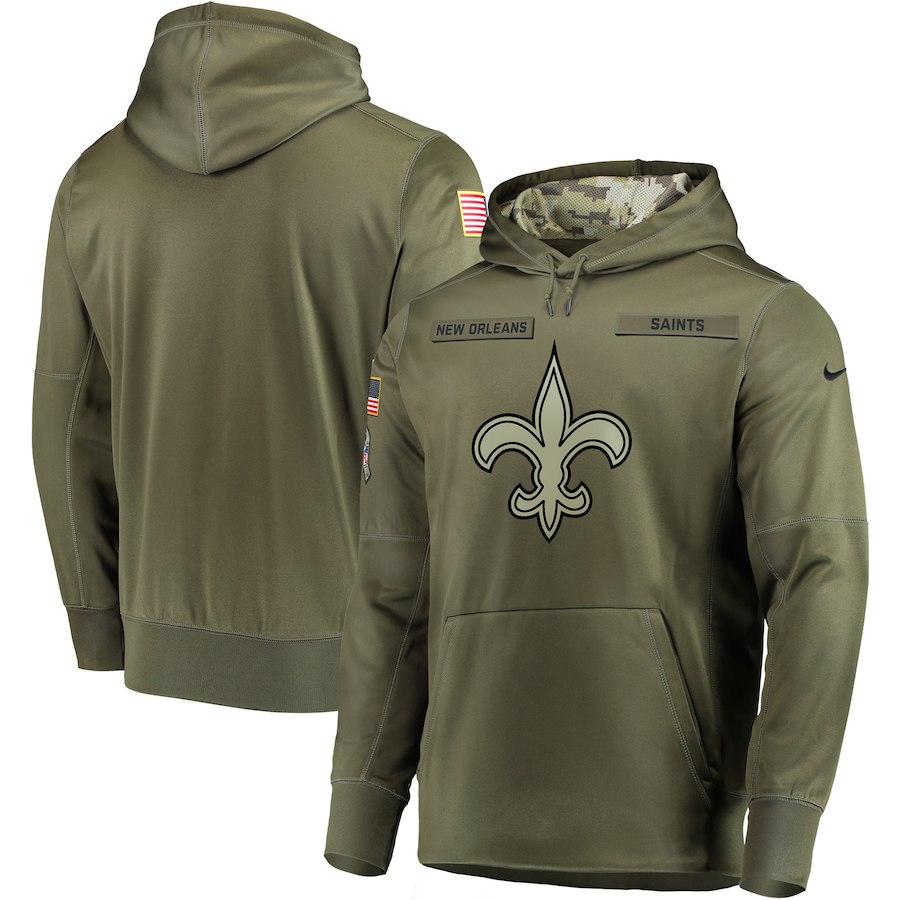 Men's New Orleans Saints 2018 Olive Salute to Service Sideline Therma Performance Pullover Stitched Hoodie